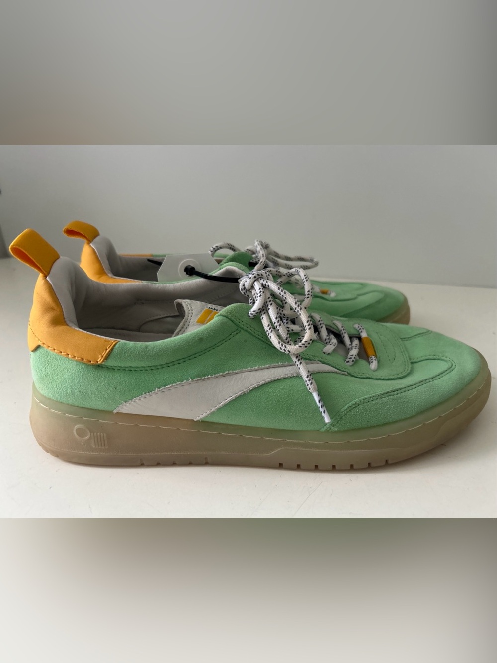 NYC CONCEPTS Suede Green Sneakers with White Stripe & Yellow Accents Size 8 - Picture 2 of 16